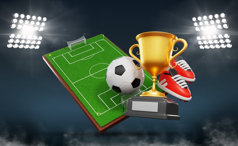 3d soccer stadium at night with world championship trophy and spotlight. Green field pitch with golden champion cup, ball and boots. Football sports award for winner of competition.