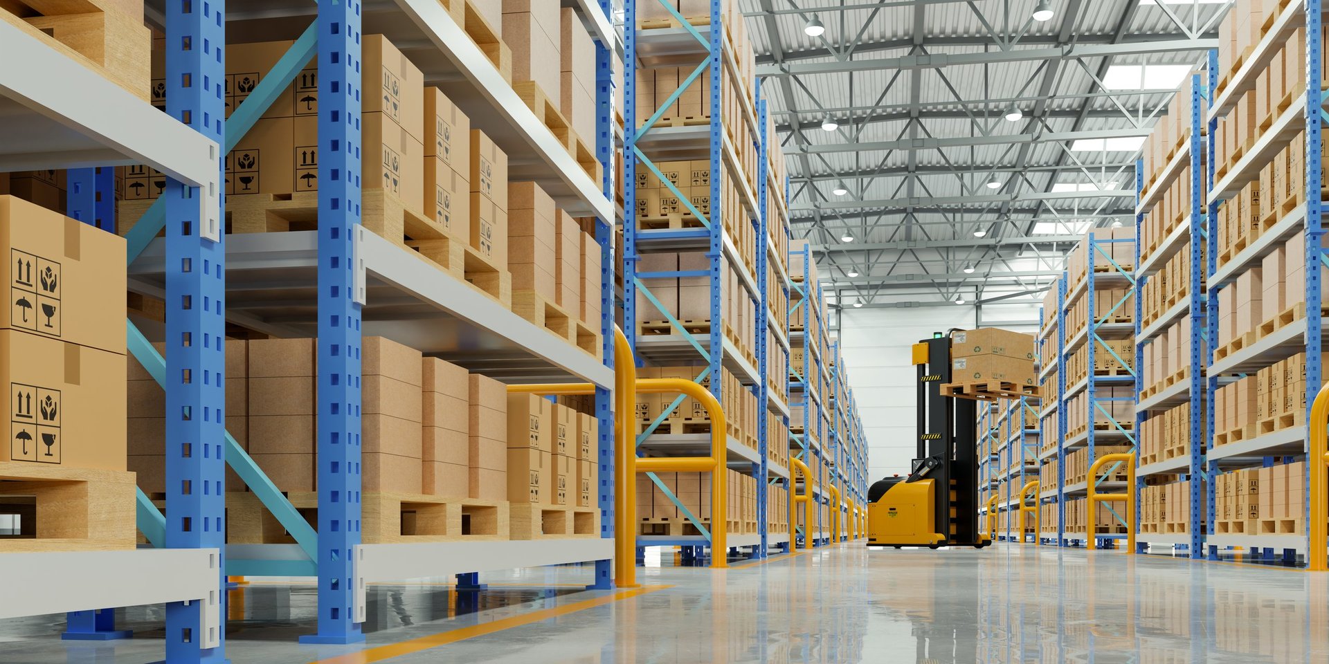 Modern logistics warehouse interior with rows of tall shelves and cardboard boxes on pallets, featuring a working forklift for industrial shipping and inventory management