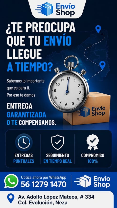 Envio Shop delivery service advertisement in Spanish featuring stopwatch, cardboard box, and guaranteed delivery promise with contact information
