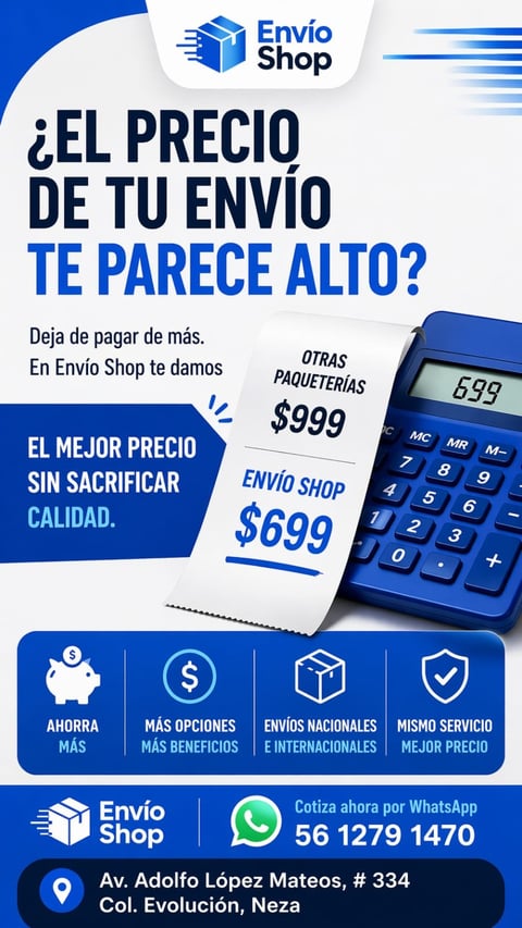 Envio Shop promotional poster comparing shipping prices. Calculator showing $699 for Envio Shop versus $999 for other courier services, highlighting lower cost without sacrificing quality.