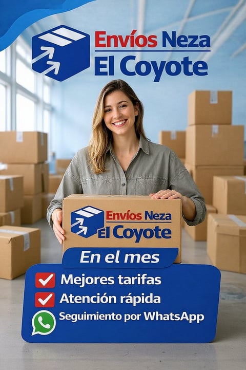 Woman holding package for Envios Neza El Coyote shipping service with warehouse background and promotional offers