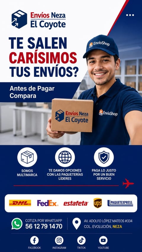 Promotional flyer for Envios Neza El Coyote shipping service featuring delivery courier holding branded package with service options and partner carriers listed