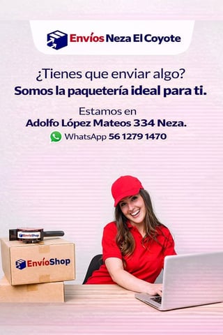 Woman in red uniform and cap at desk with laptop and package boxes, promoting Envios Neza El Coyote shipping service