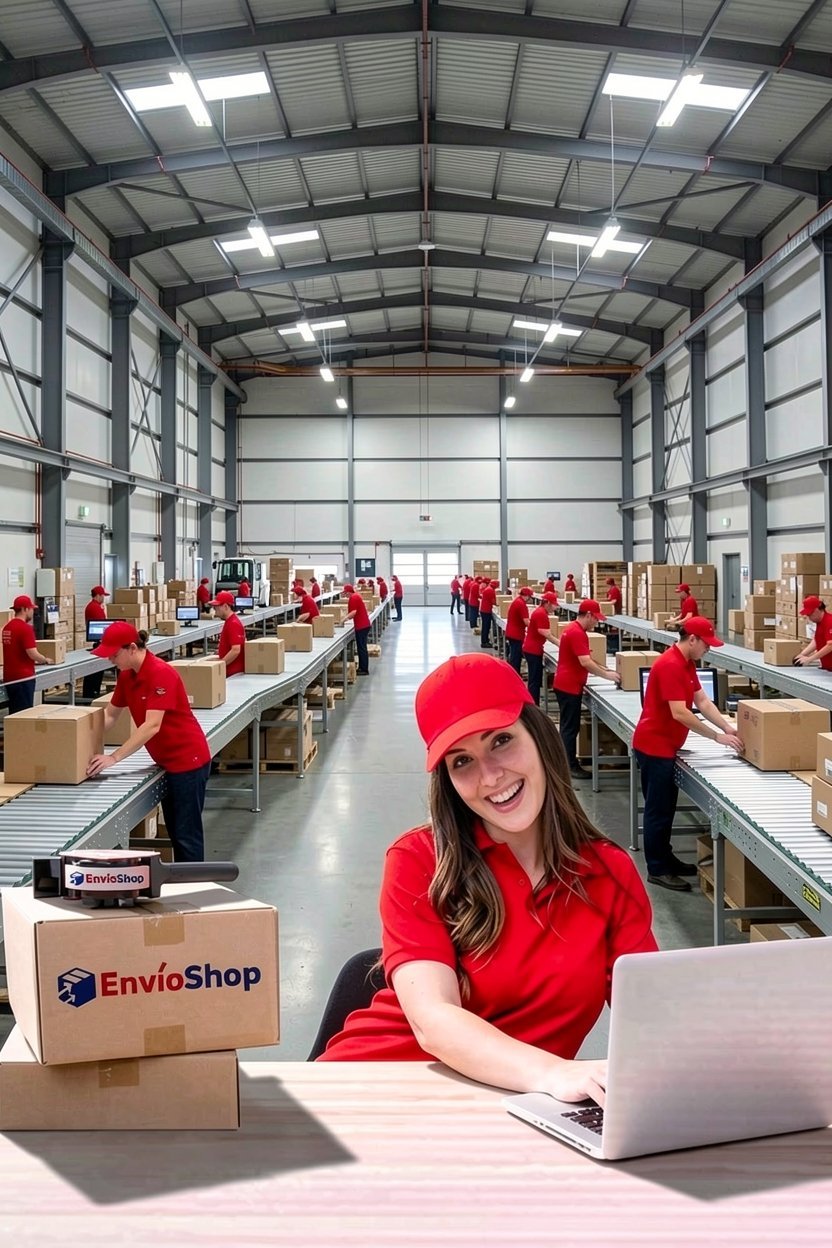 Woman in red EnvioShop uniform and cap smiles at camera in busy warehouse with multiple employees processing packages