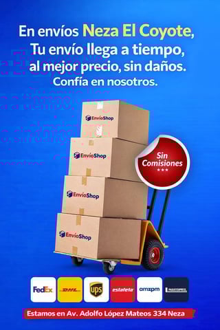 EnvioShop shipping service advertisement featuring stacked cardboard boxes on a dolly with No Commission badge against blue background, Spanish text