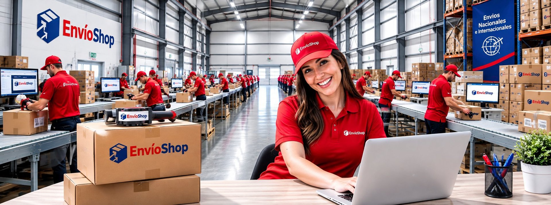 Mujer con uniforme rojo de EnvioShop sonriendo frente a una laptop en un almacén con personal y cajas de cartón
