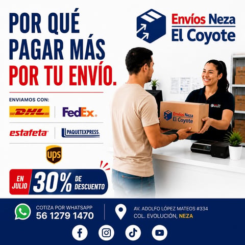 Envios Neza El Coyote shipping service advertisement showing customer receiving package at counter with 30% July discount promotion.