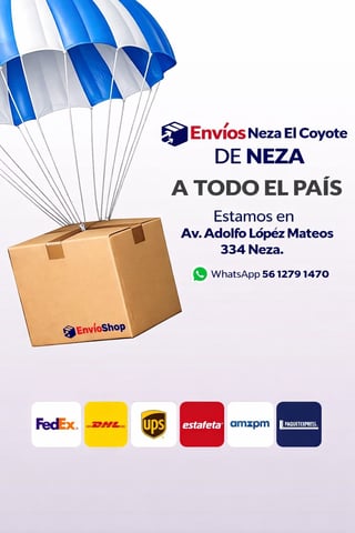 Envios Neza El Coyote shipping service promotional poster with parachuting cardboard box and delivery partner logos