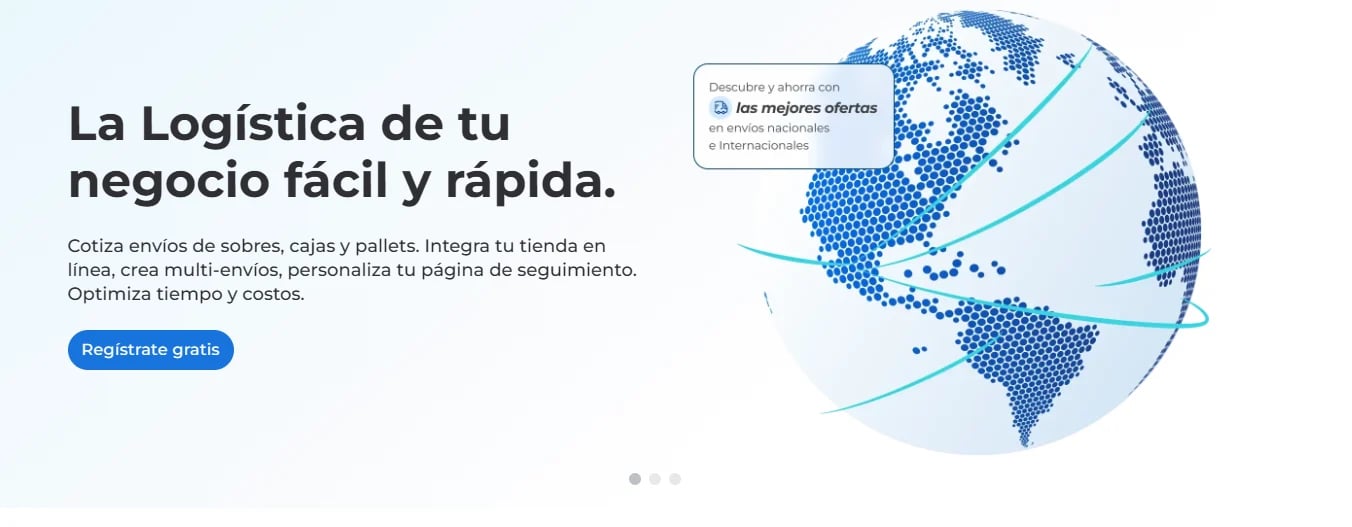 Logistics business banner with world map showing global shipping and a blue Registrate gratis button