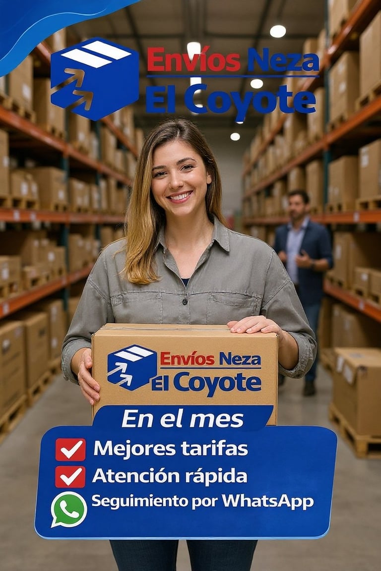 Woman smiling in warehouse holding Envios Neza El Coyote box with promotional offer sign featuring best rates, fast service, and WhatsApp tracking