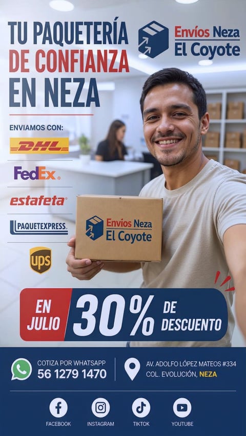 Man holding package promoting Envios Neza El Coyote shipping service with 30% July discount and delivery partner logos