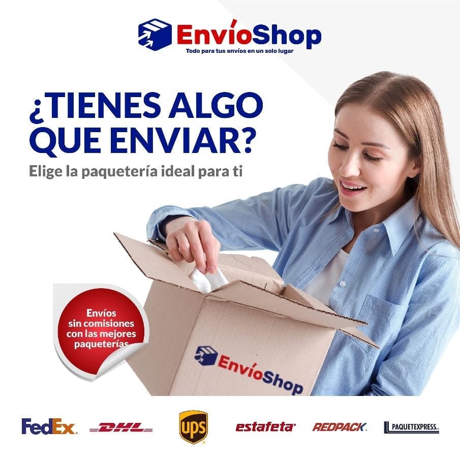Woman opening EnvioShop branded cardboard box, with text asking Have something to ship? Choose ideal packaging for you, and shipping carrier logos below.