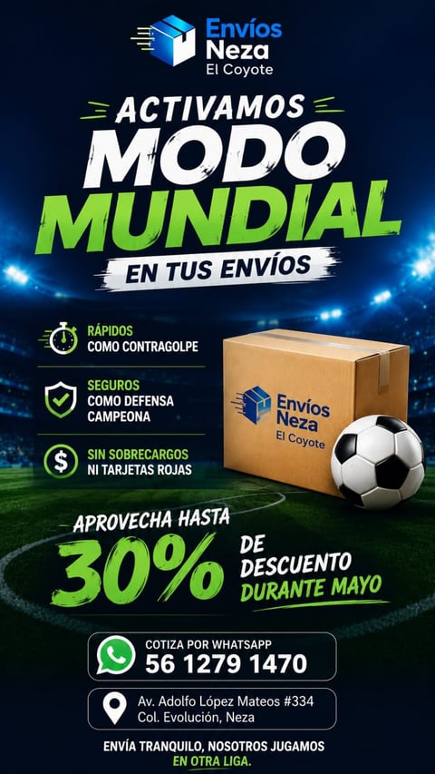 Envios Neza promotional poster for world cup shipping deals with 30% discount and special rates during May