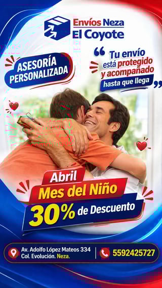 Envios Neza El Coyote delivery service promotional flyer advertising personalized service and 30% discount for Childrens Month in April
