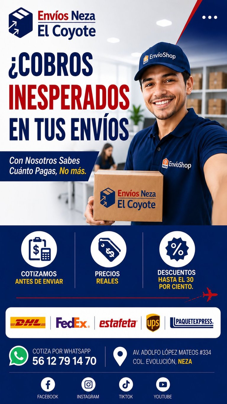 Delivery service promotional flyer for Envios Neza El Coyote showing delivery courier with package and service features including reliable shipping and discounts