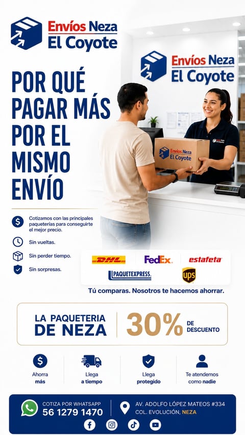 Envios Neza El Coyote shipping service advertisement promoting better prices with customer service counter scene and package delivery benefits