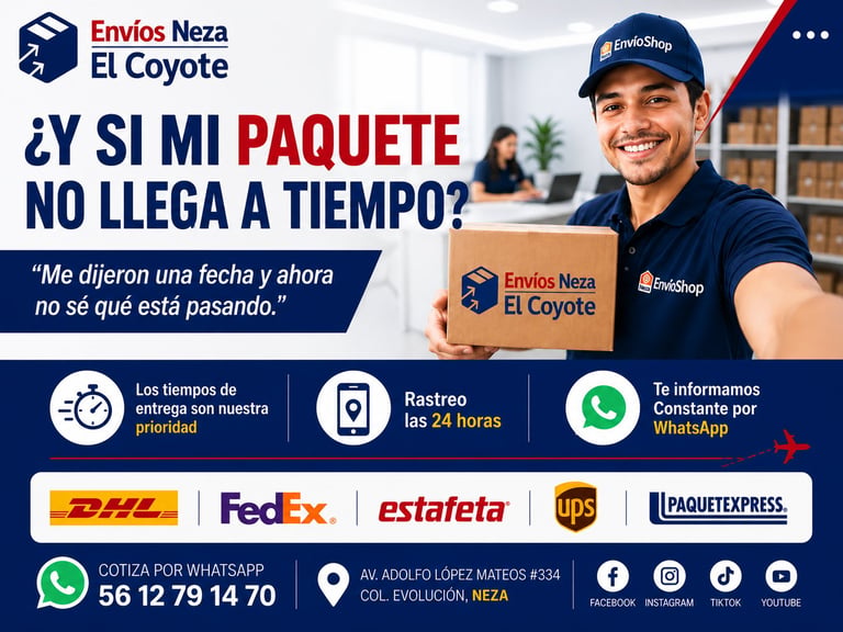 Envios Neza El Coyote delivery service advertisement showing a smiling courier in blue uniform with shipping package tracking options and logistics partner logos