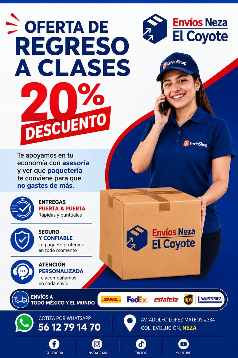 Promotional flyer for Envios Neza El Coyote offering 20% discount on back-to-school packages with delivery worker holding cardboard box