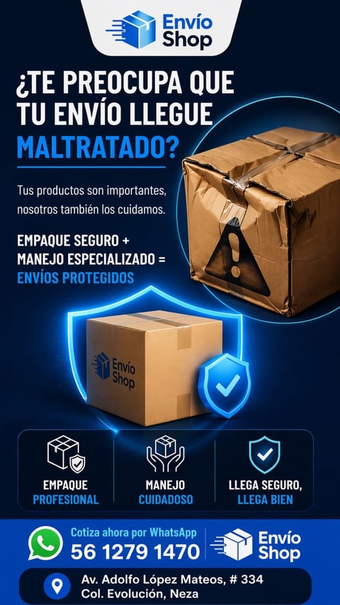 EnvioShop Spanish shipping service advertisement with cardboard boxes, security shield, and contact information
