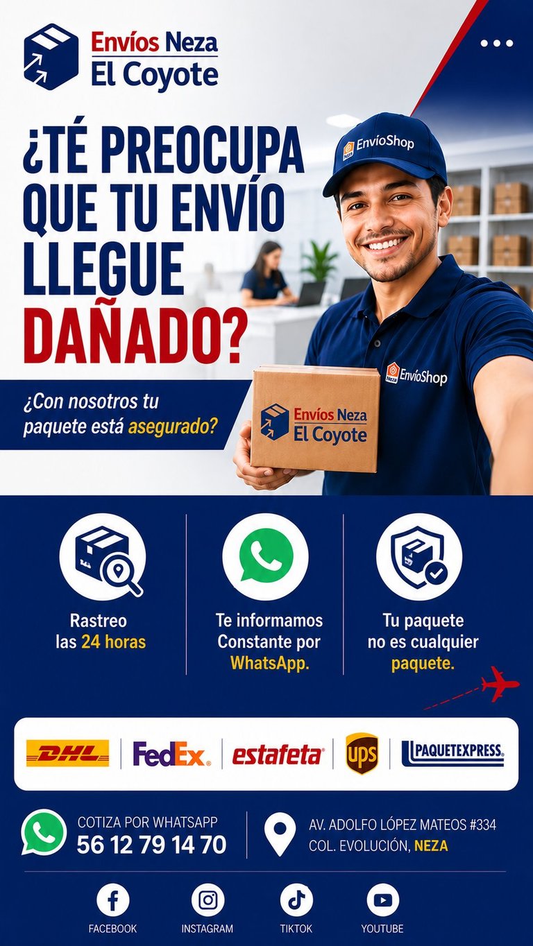 Envios Neza El Coyote shipping service ad with delivery worker holding package and service guarantees icons
